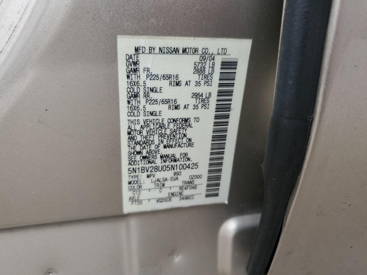 5N1BV28U05N100425 2005 Nissan Quest S