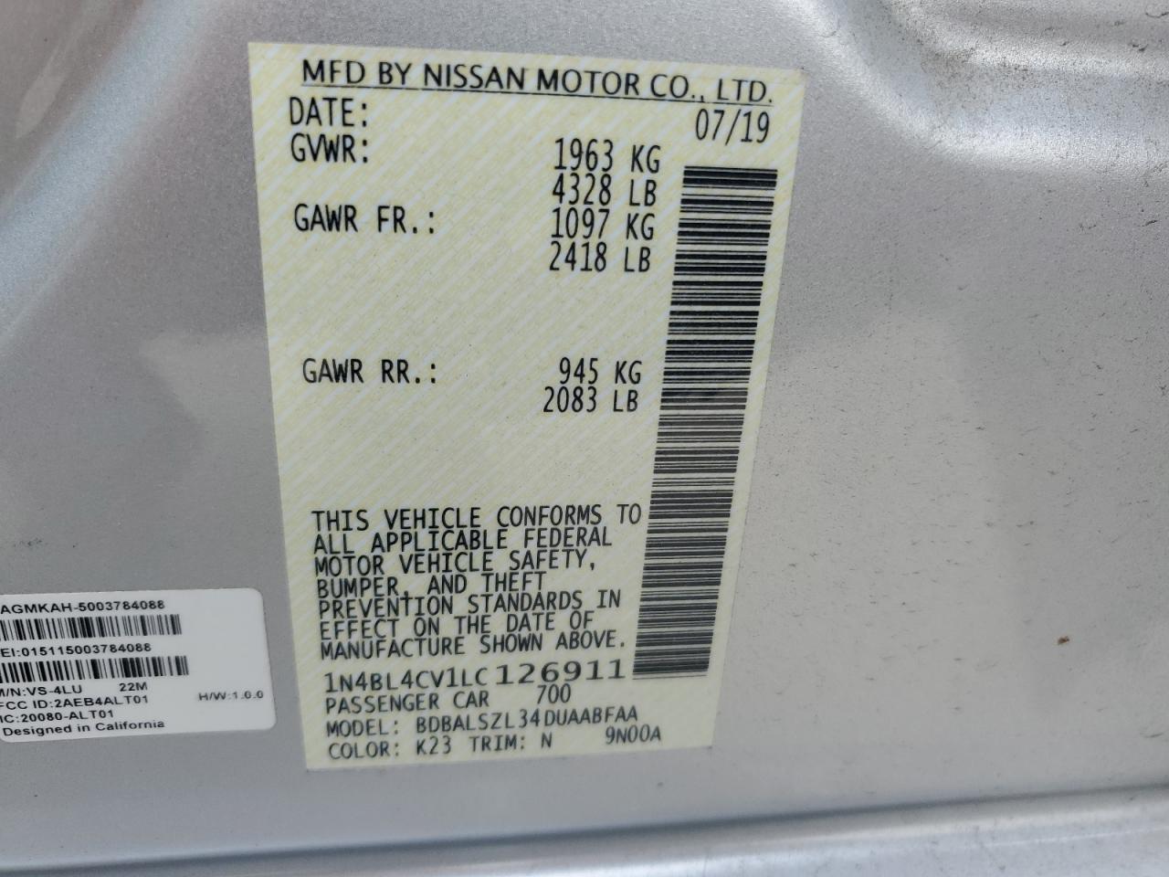 1N4BL4CV1LC126911 2020 Nissan Altima Sr