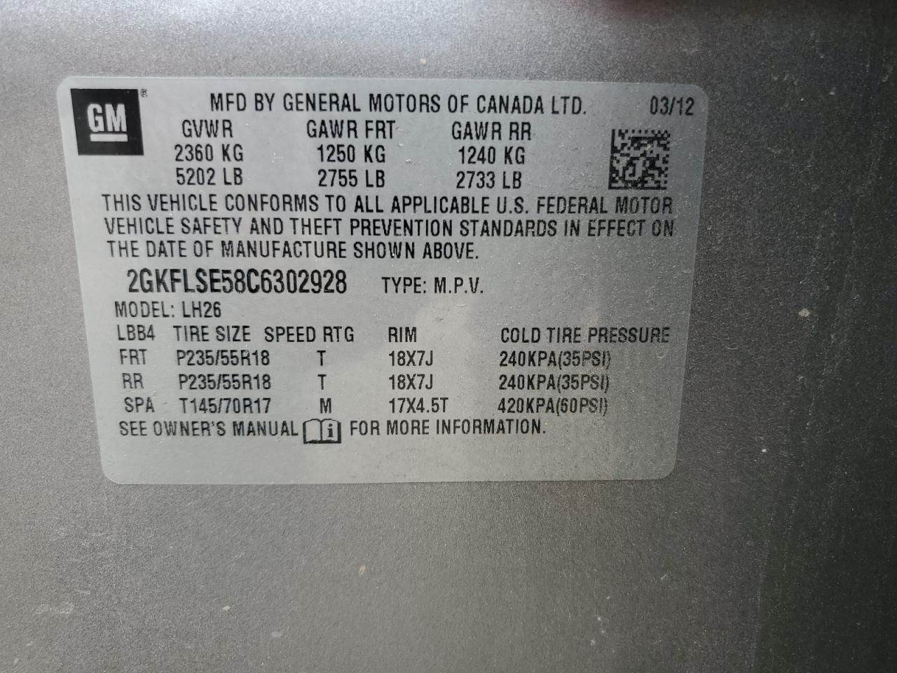 2GKFLSE58C6302928 2012 GMC Terrain Sle