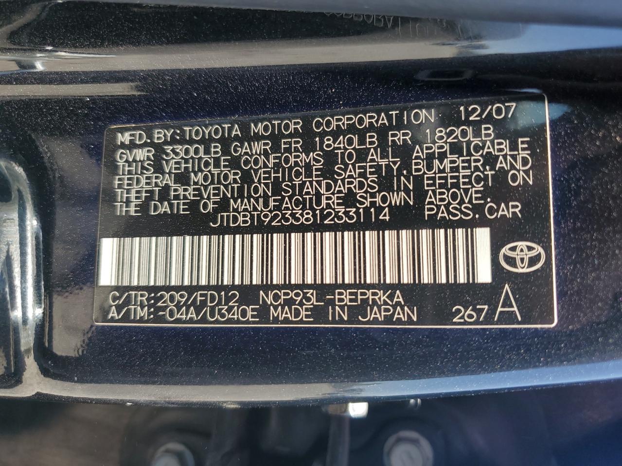 JTDBT923381233114 2008 Toyota Yaris