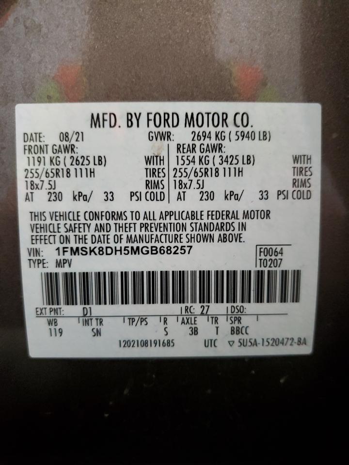 1FMSK8DH5MGB68257 2021 Ford Explorer Xlt