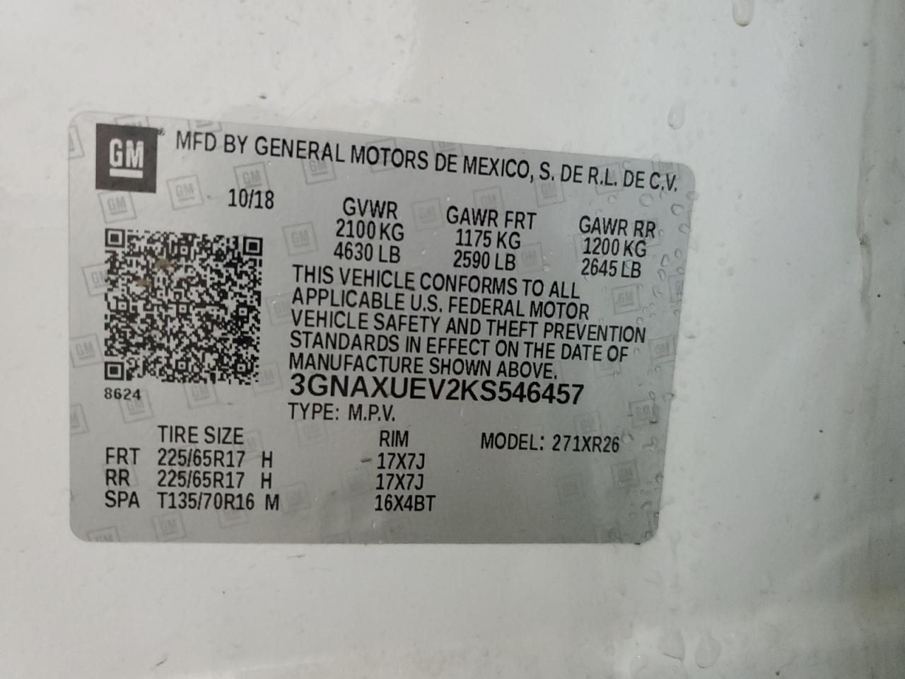 3GNAXUEV2KS546457 2019 Chevrolet Equinox Lt