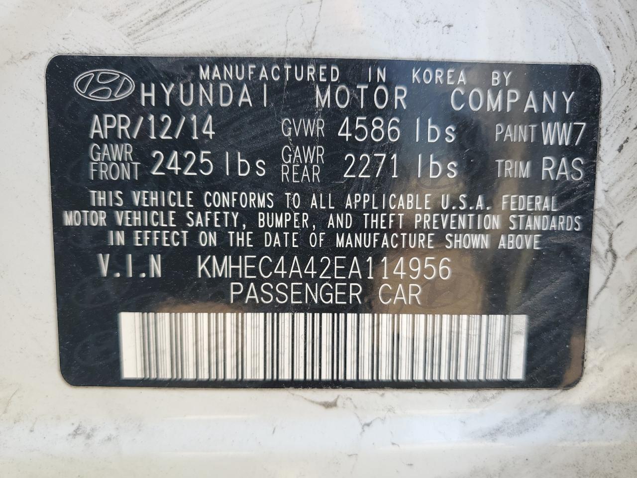 KMHEC4A42EA114956 2014 Hyundai Sonata Hybrid