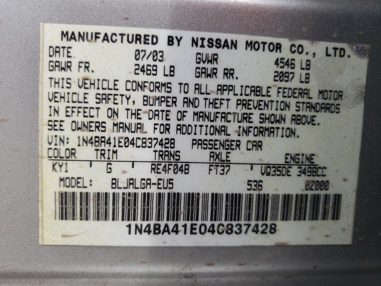 1N4BA41E04C837428 2004 Nissan Maxima Se