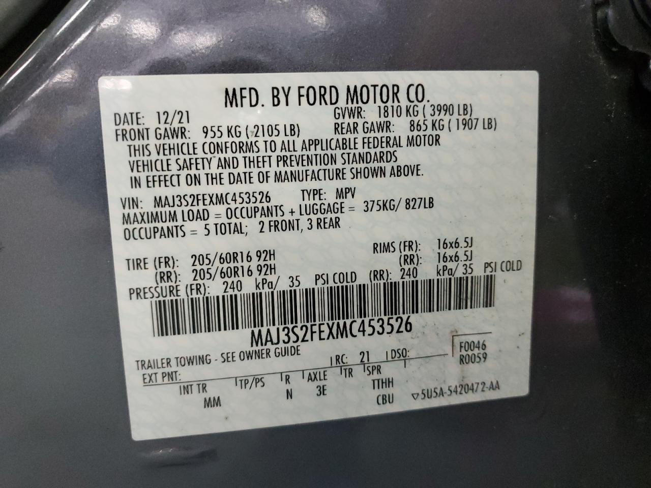 2021 Ford Ecosport vin: MAJ3S2FEXMC453526