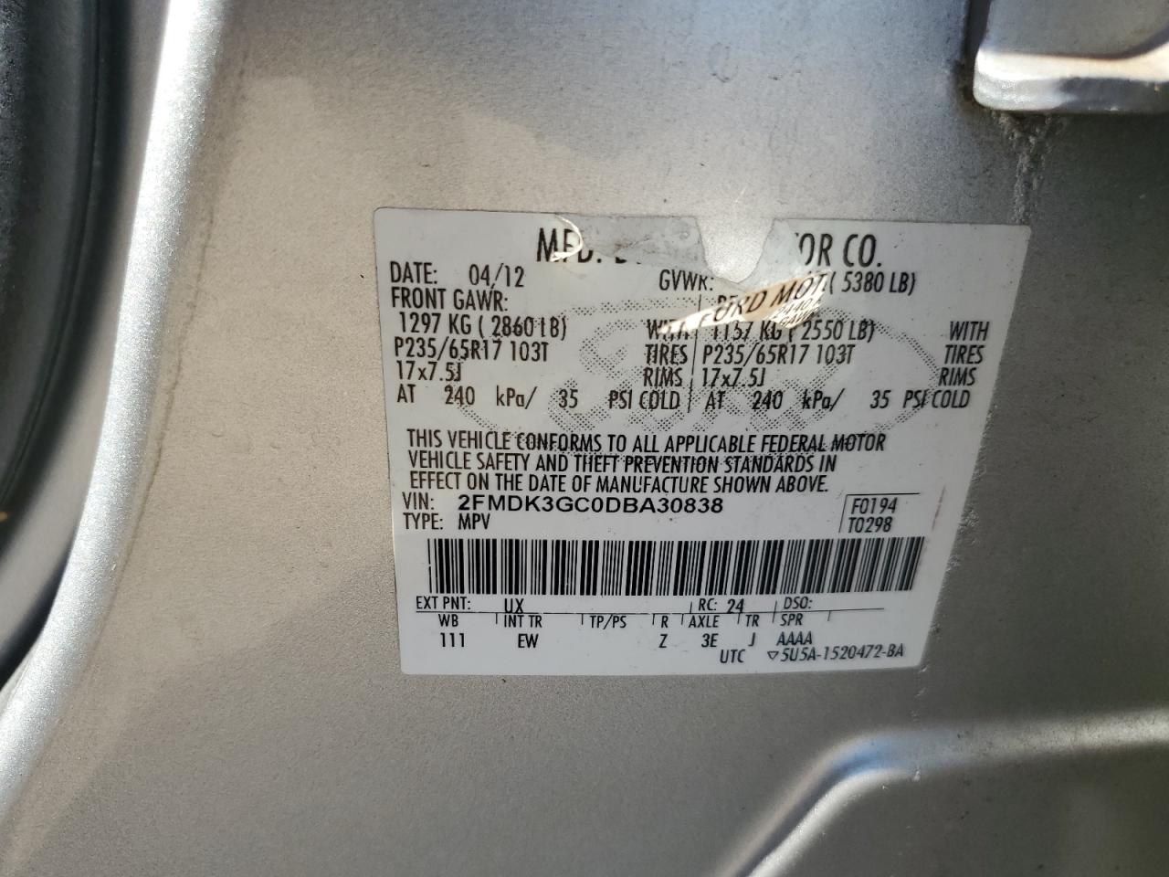 2FMDK3GC0DBA30838 2013 Ford Edge Se