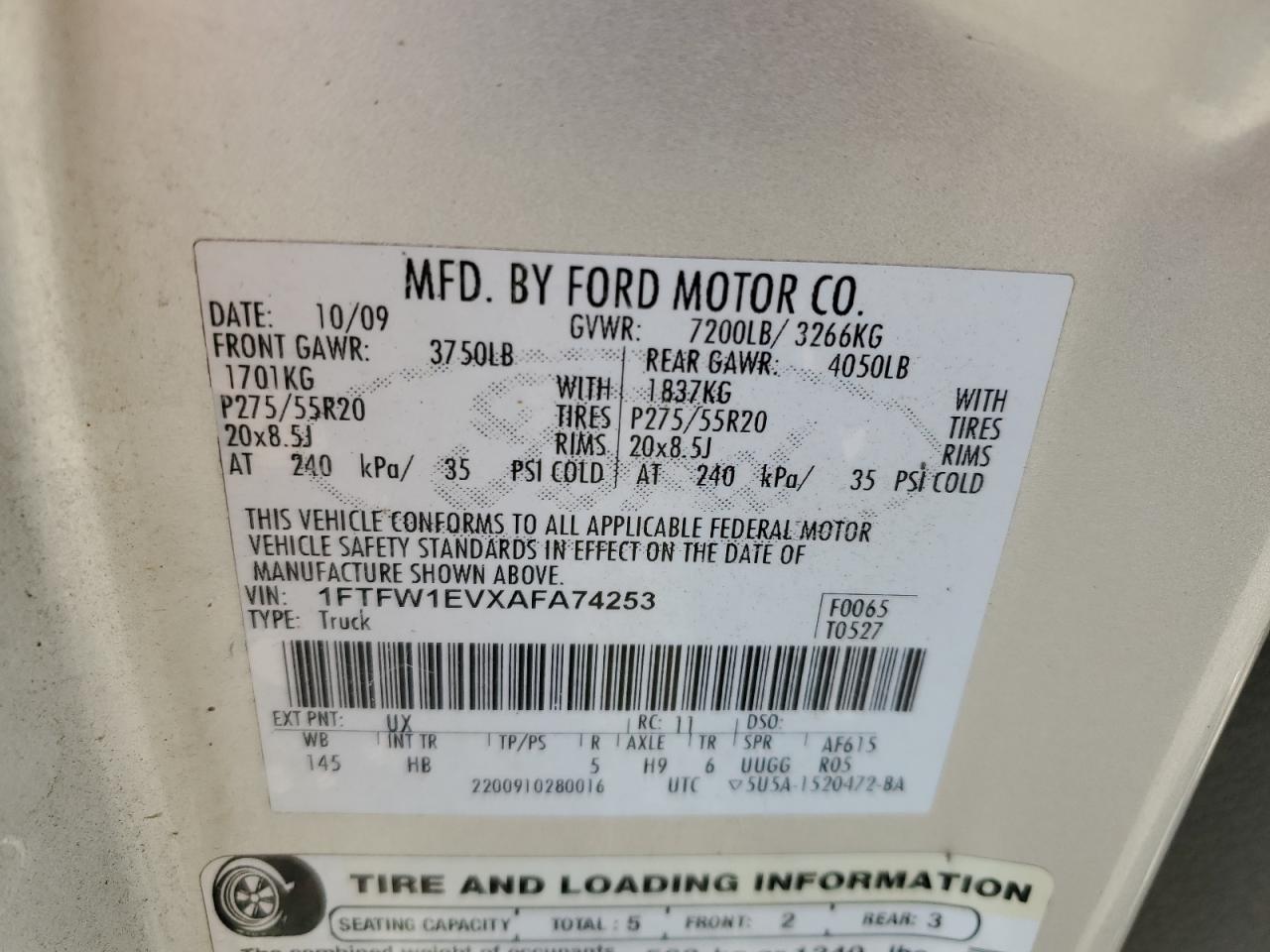 1FTFW1EVXAFA74253 2010 Ford F150 Supercrew