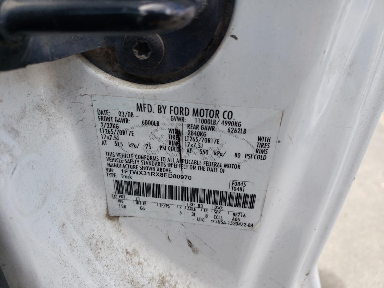 1FTWX31RX8ED80970 2008 Ford F350 Srw Super Duty