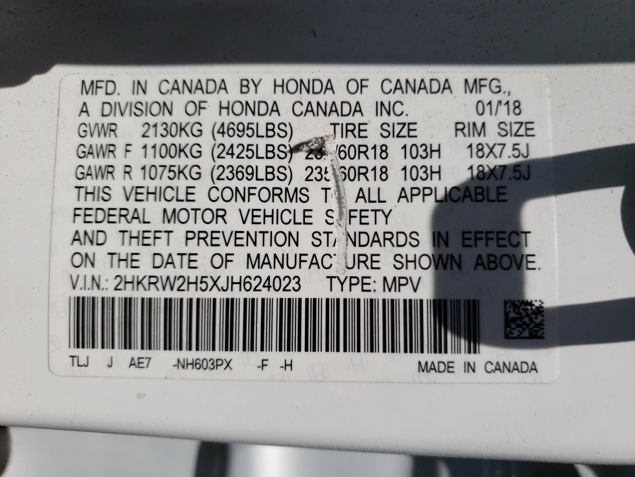 2HKRW2H5XJH624023 2018 Honda Cr-V Ex