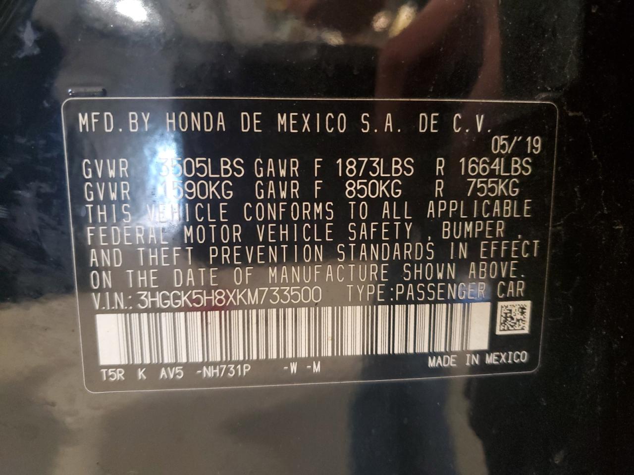 3HGGK5H8XKM733500 2019 Honda Fit Ex