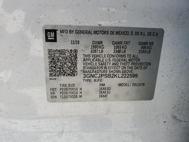 2019 Chevrolet Trax 1Lt VIN: 3GNCJPSB2KL222599 Lot: 59529304