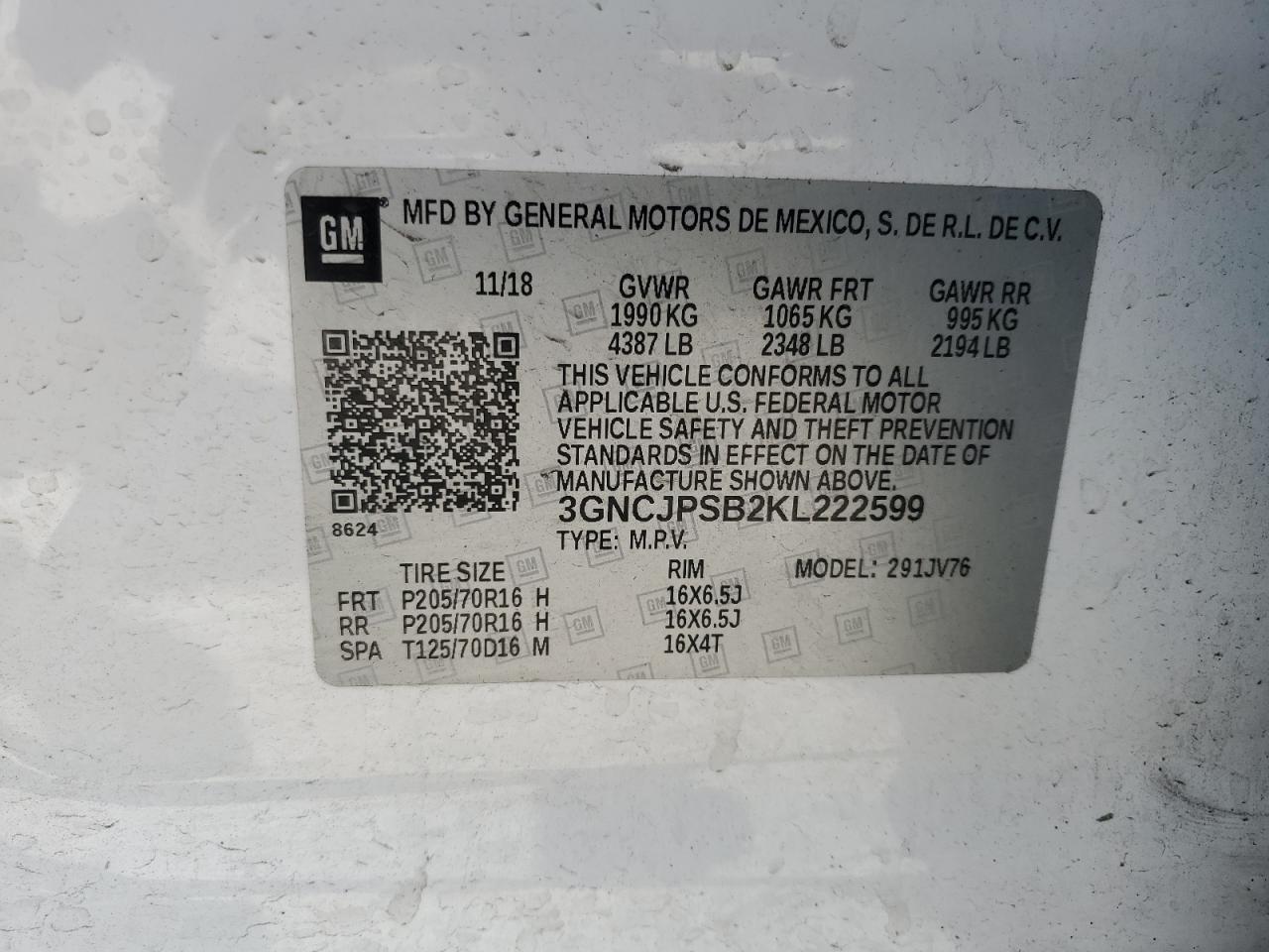 3GNCJPSB2KL222599 2019 Chevrolet Trax 1Lt