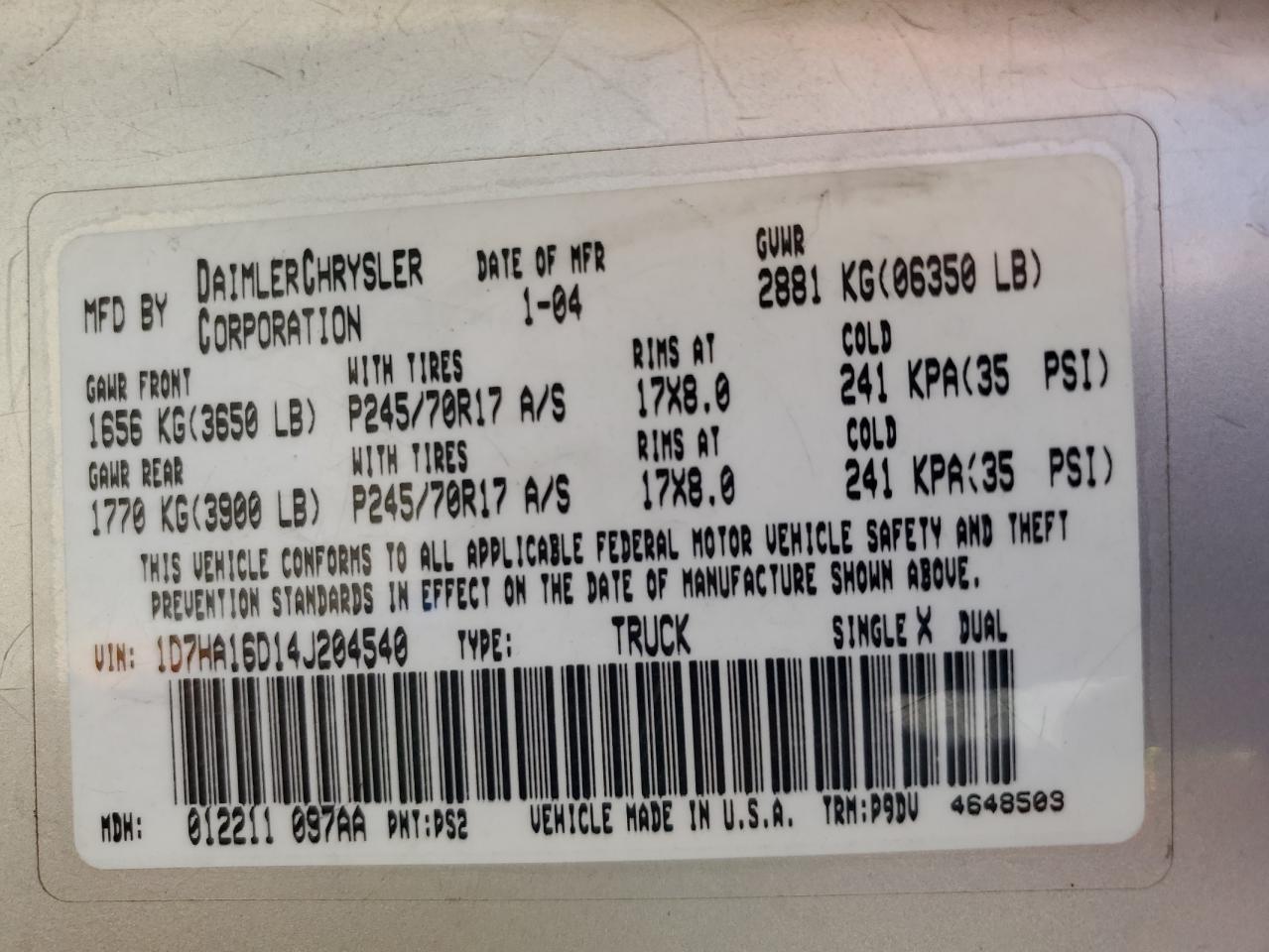 1D7HA16D14J204540 2004 Dodge Ram 1500 St