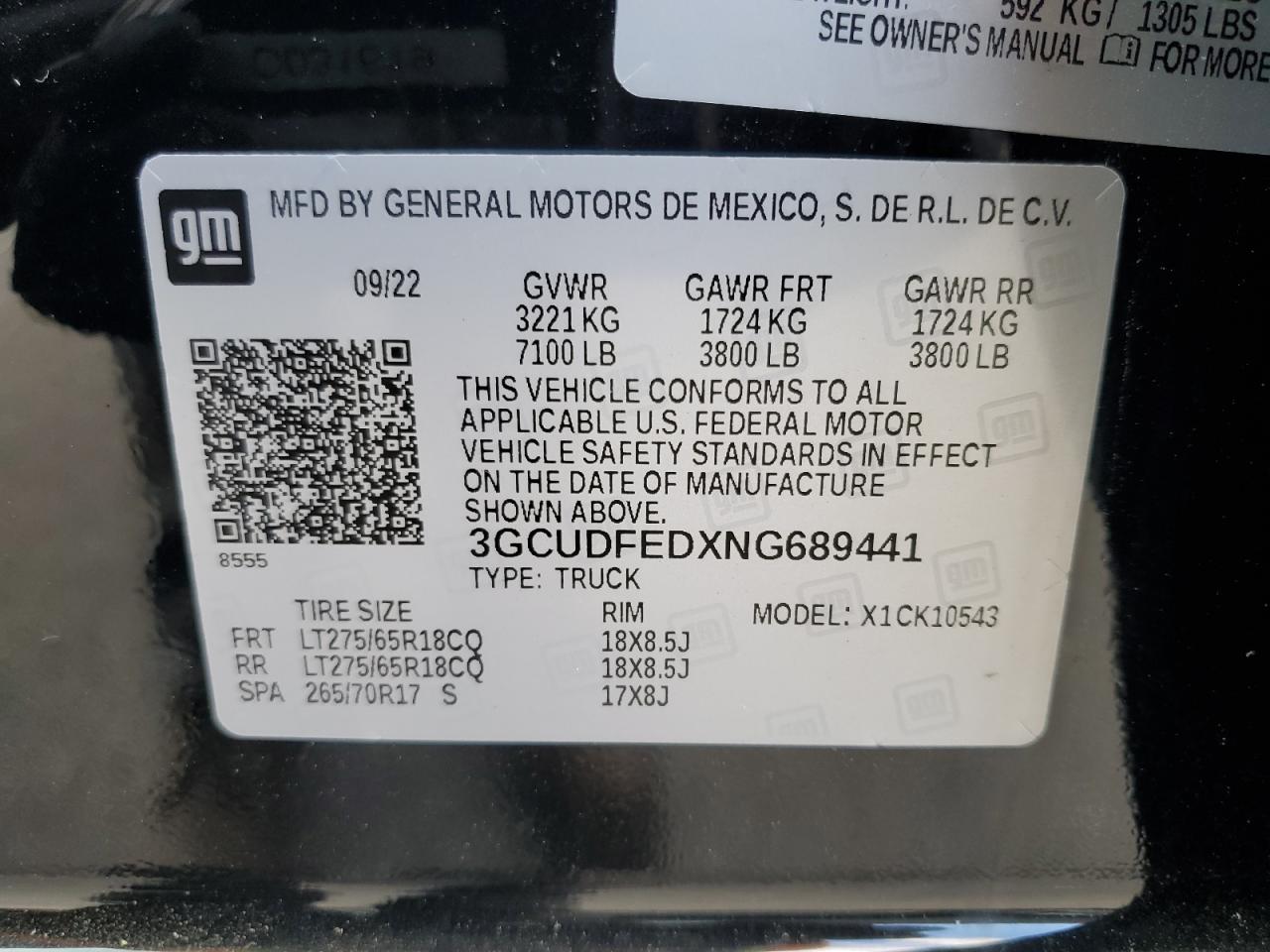 3GCUDFEDXNG689441 2022 Chevrolet Silverado K1500 Lt Trail Boss