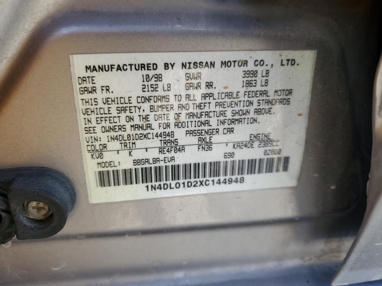 1N4DL01D2XC144948 1999 Nissan Altima Xe