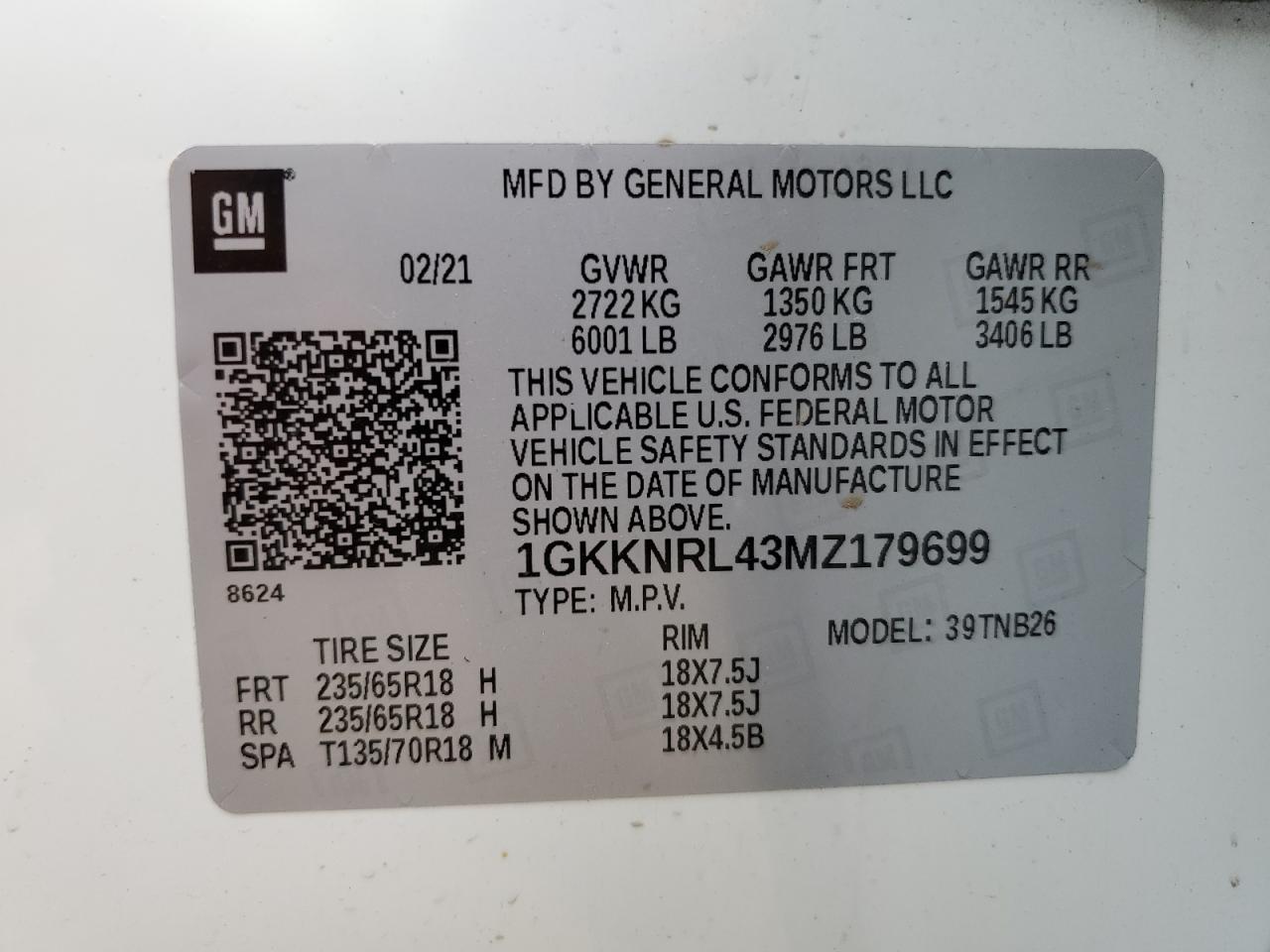 1GKKNRL43MZ179699 2021 GMC Acadia Sle