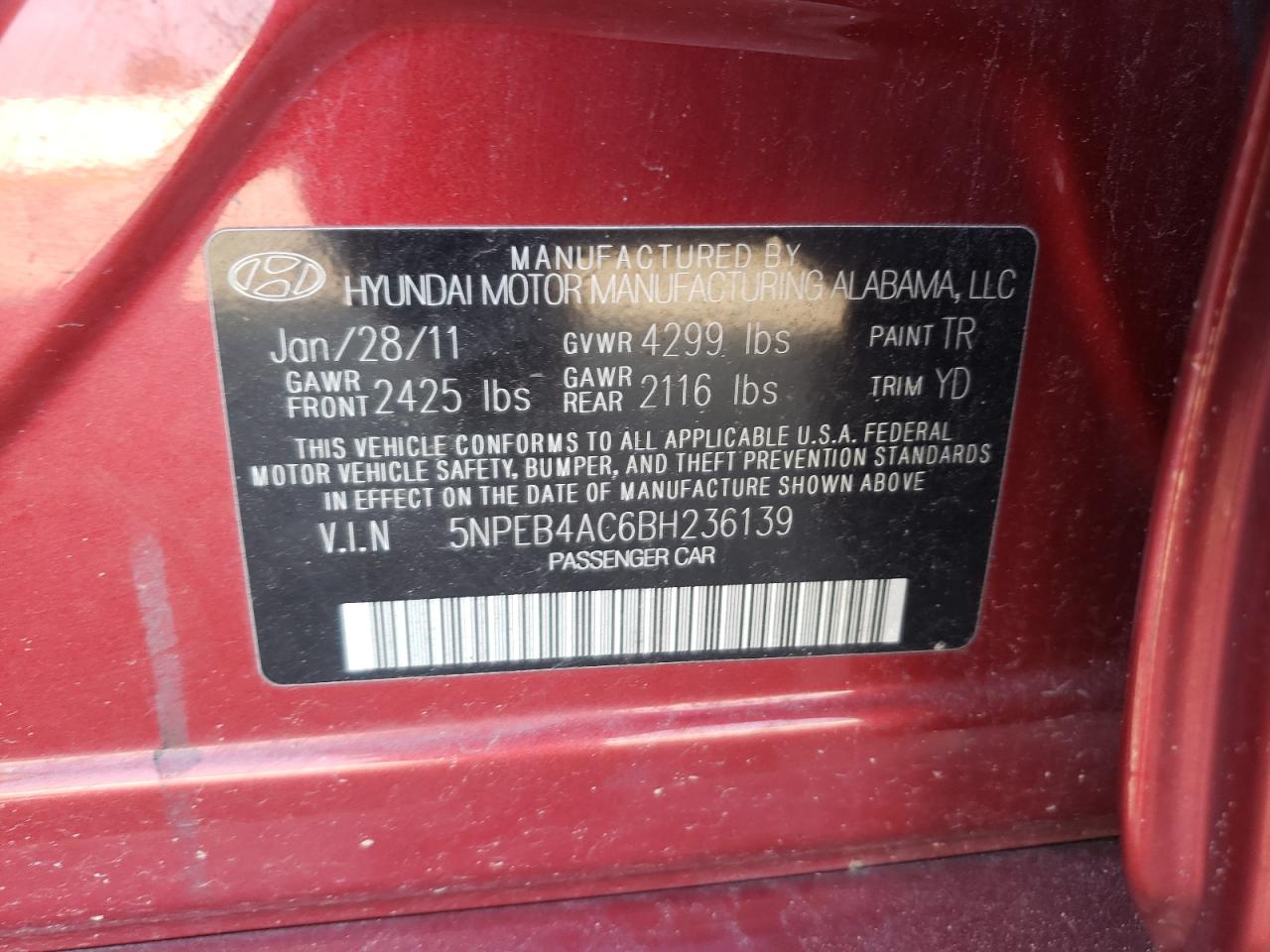 5NPEB4AC6BH236139 2011 Hyundai Sonata Gls