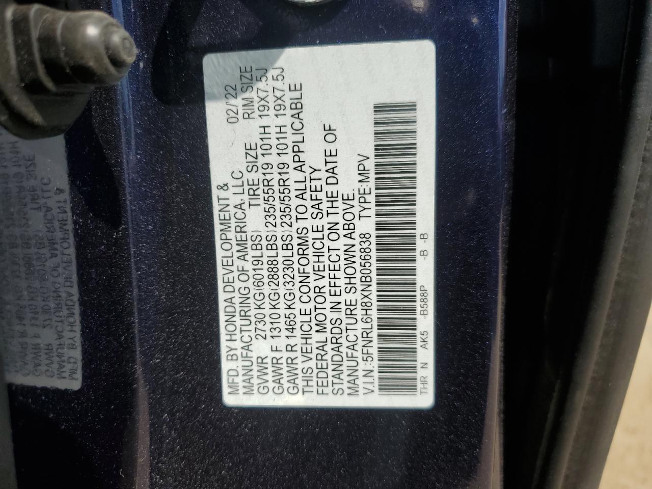 5FNRL6H8XNB056838 2022 Honda Odyssey Touring