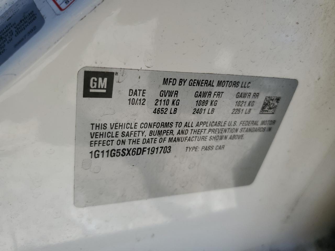 1G11G5SX6DF191703 2013 Chevrolet Malibu 3Lt