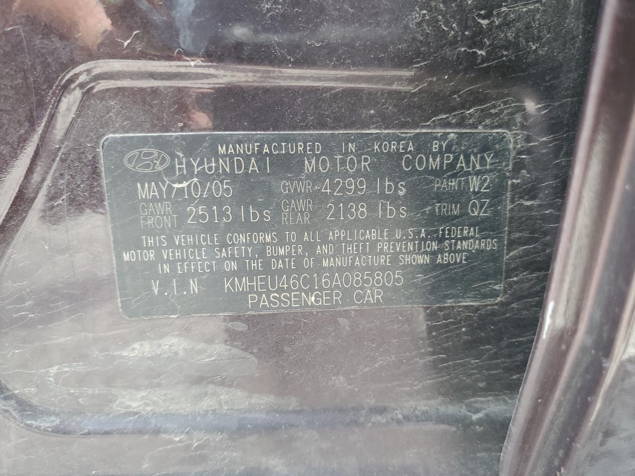 KMHEU46C16A085805 2006 Hyundai Sonata Gls