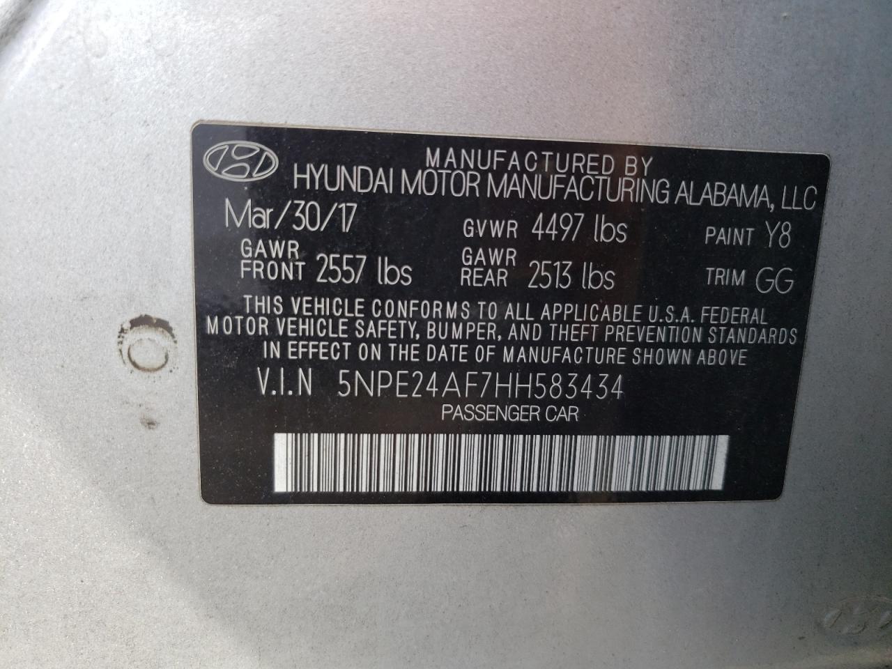 5NPE24AF7HH583434 2017 Hyundai Sonata Se