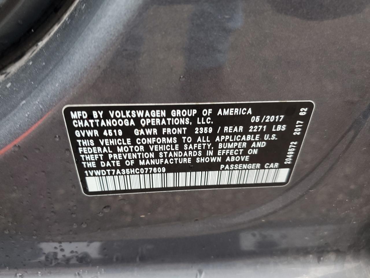 1VWDT7A35HC077609 2017 Volkswagen Passat R-Line