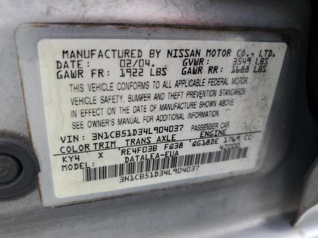 2004 Nissan Sentra 1.8 VIN: 3N1CB51D34L904037 Lot: 59993244