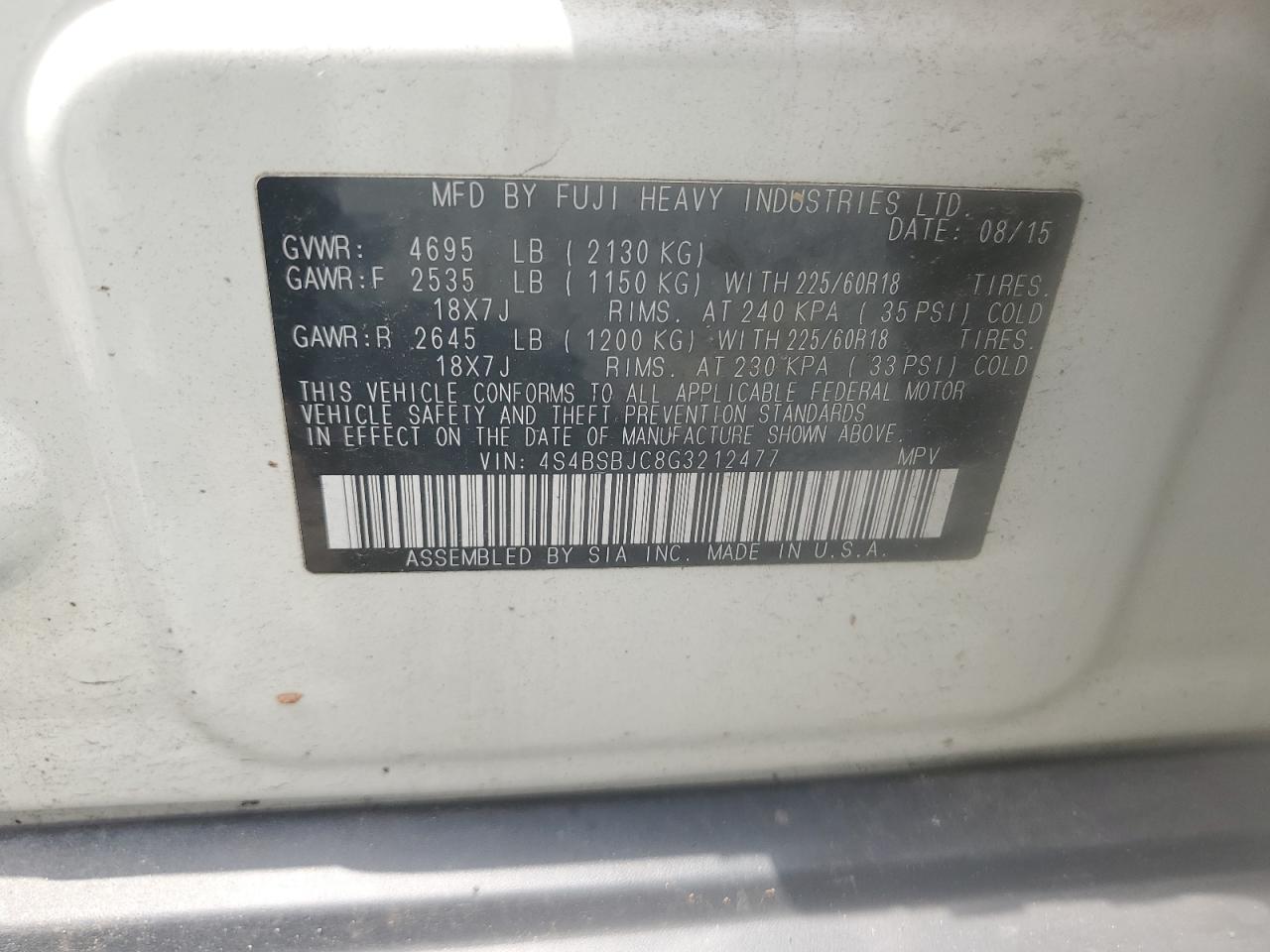 4S4BSBJC8G3212477 2016 Subaru Outback 2.5I Limited