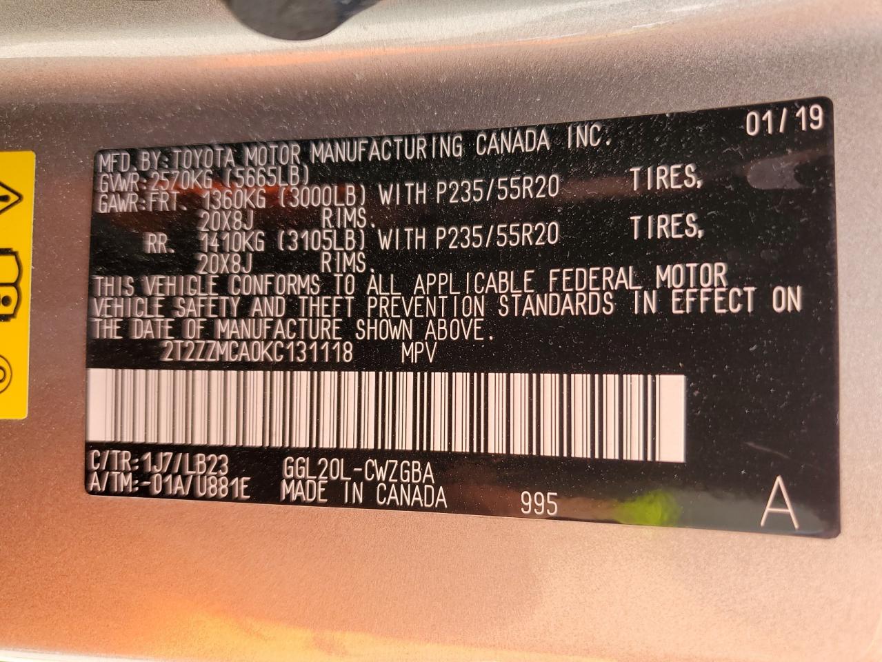 2T2ZZMCA0KC131118 2019 Lexus Rx 350 Base