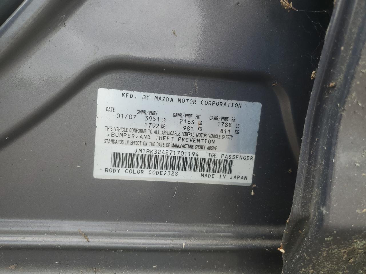 JM1BK324271701194 2007 Mazda 3 S