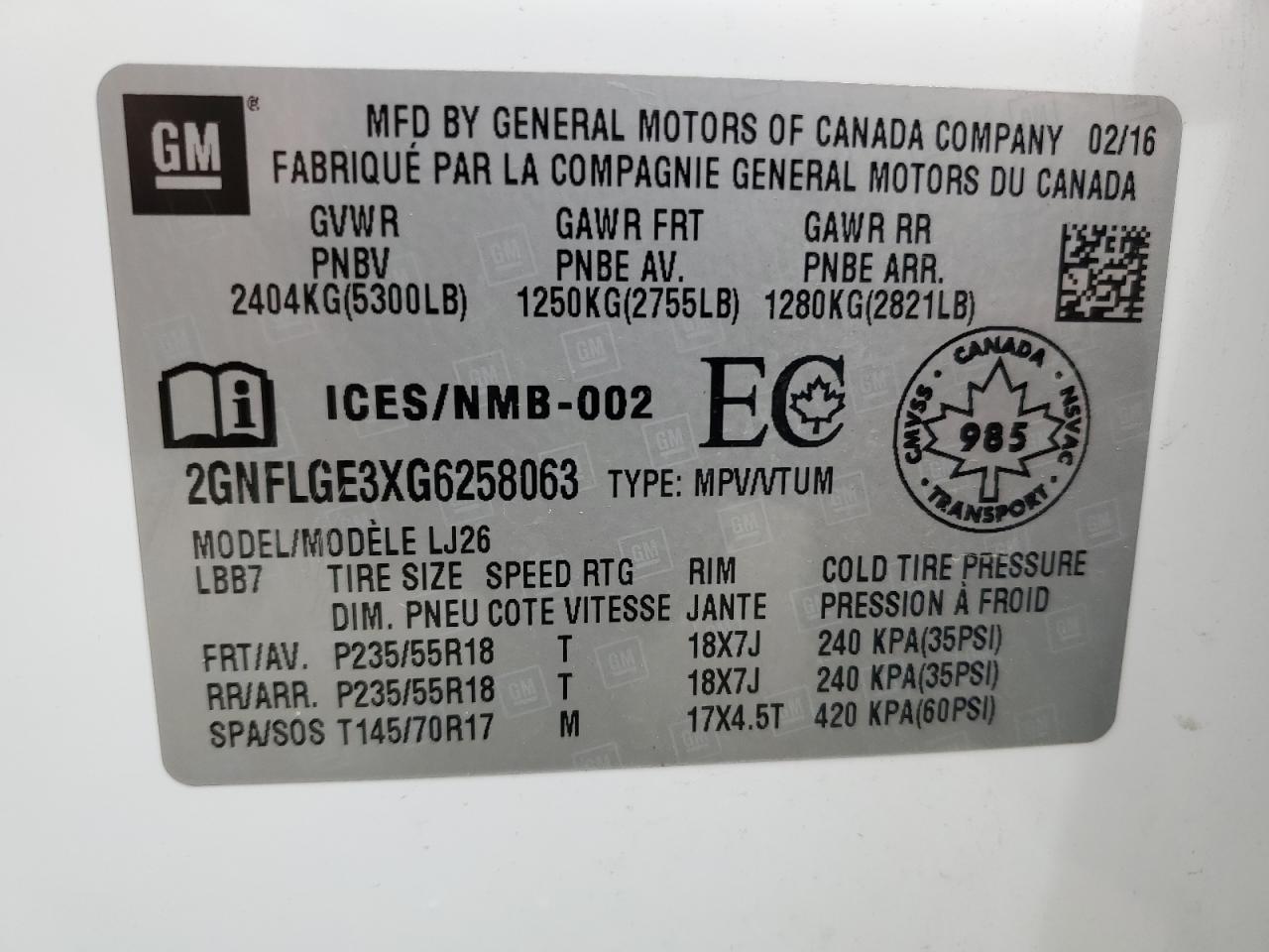 2GNFLGE3XG6258063 2016 Chevrolet Equinox Ltz