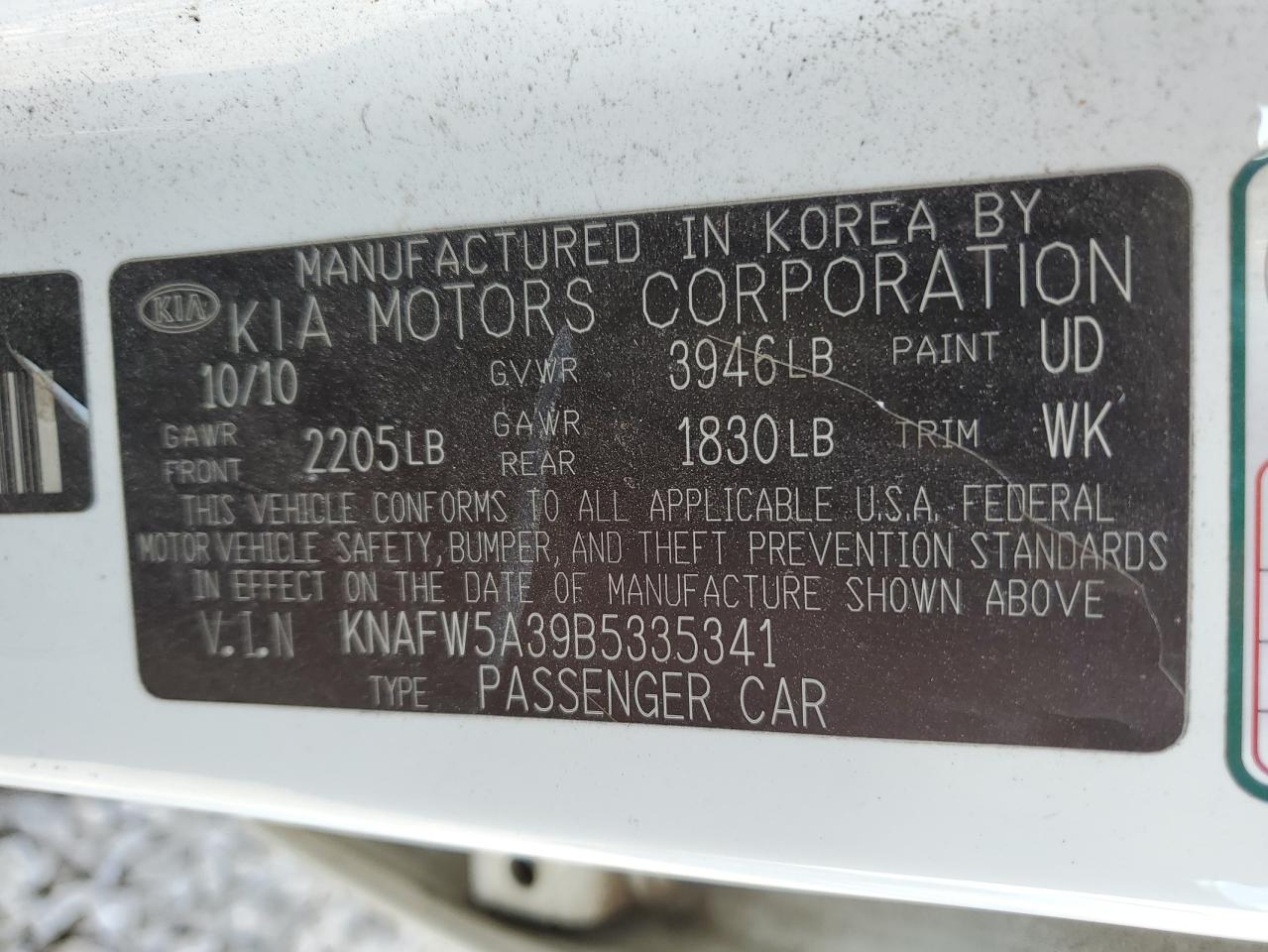 KNAFW5A39B5335341 2011 Kia Forte Sx