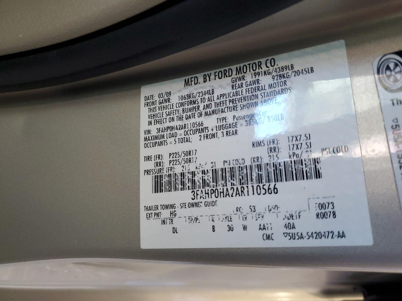 3FAHP0HA2AR110566 2010 Ford Fusion Se