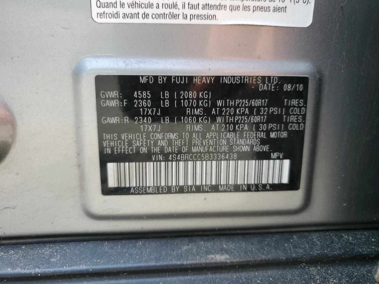 4S4BRCCC5B3336438 2011 Subaru Outback 2.5I Premium