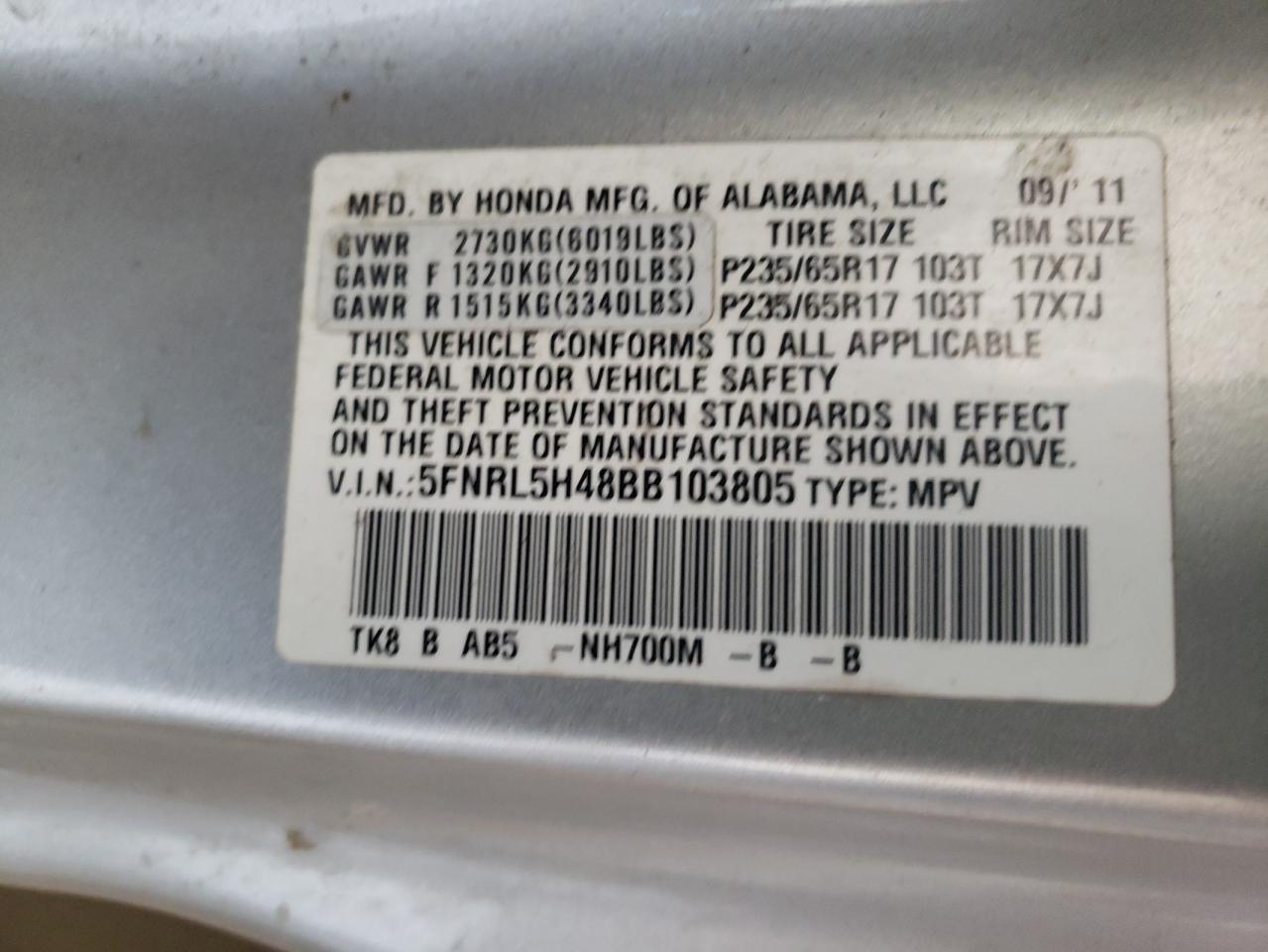 5FNRL5H48BB103805 2011 Honda Odyssey Ex
