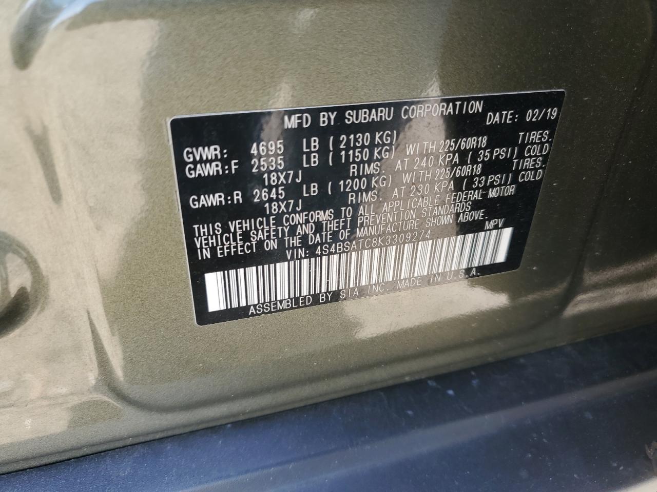 4S4BSATC8K3309274 2019 Subaru Outback Touring