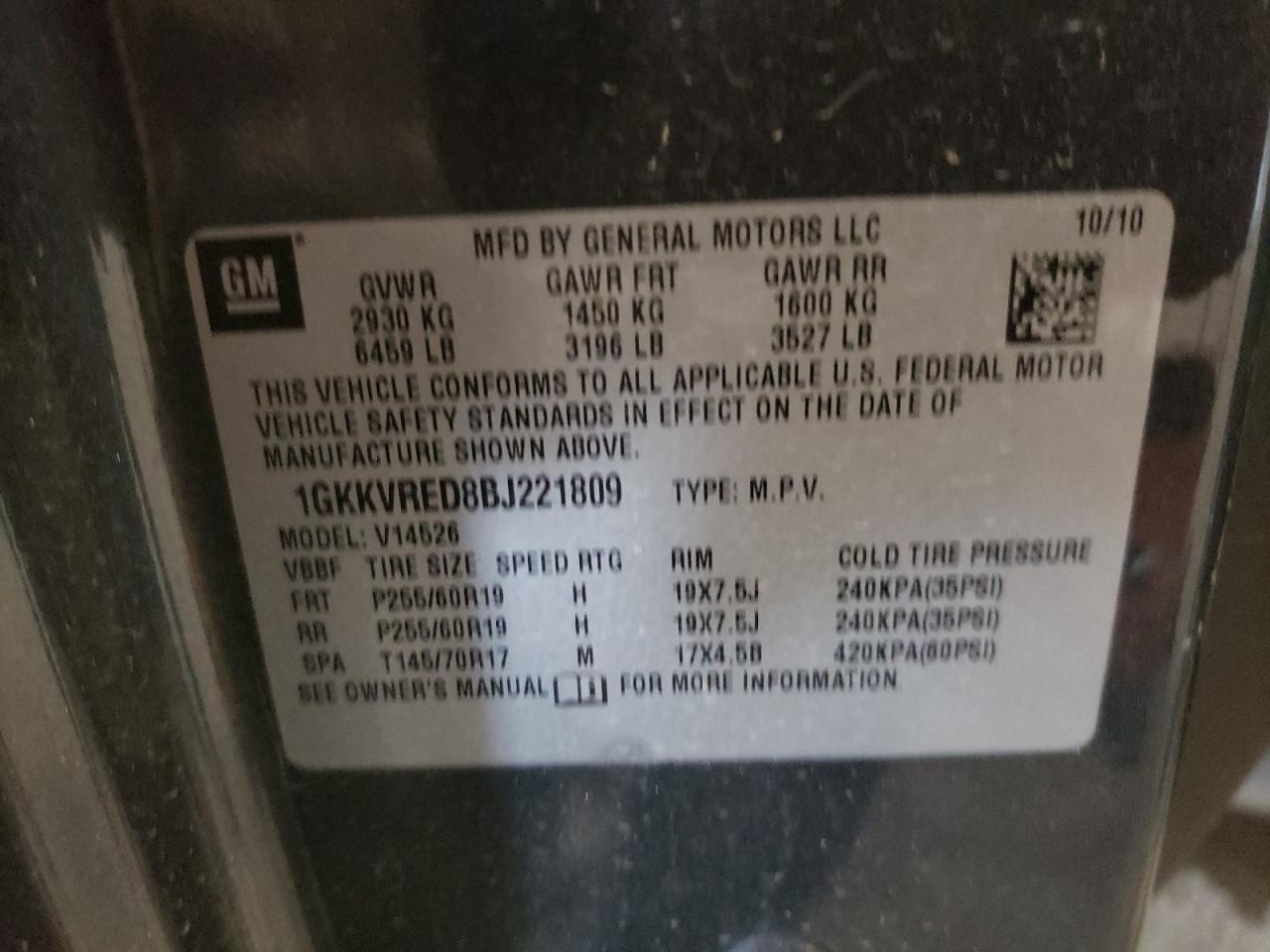 1GKKVRED8BJ221809 2011 GMC Acadia Slt-1