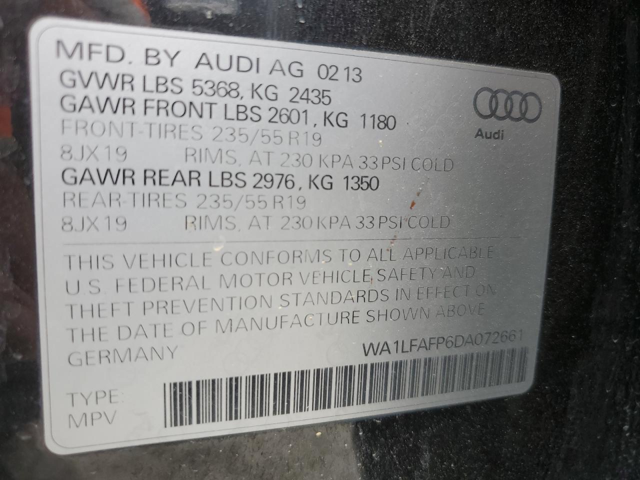 WA1LFAFP6DA072661 2013 Audi Q5 Premium Plus