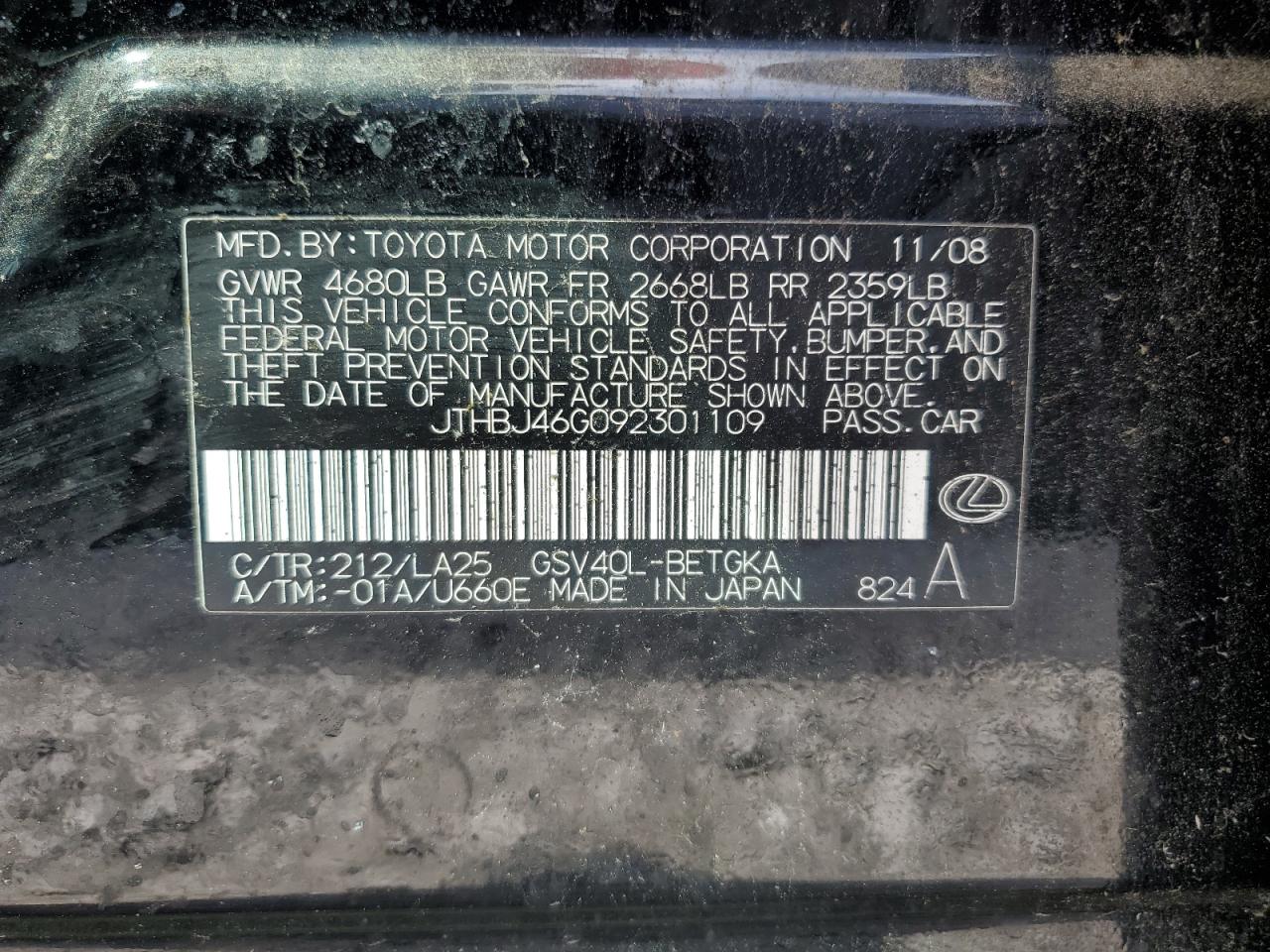 JTHBJ46G092301109 2009 Lexus Es 350