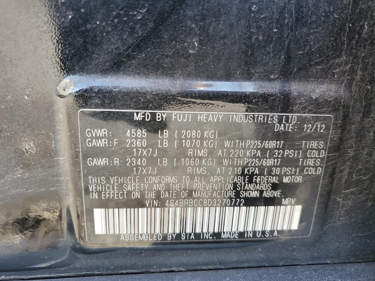 4S4BRBCC8D3270772 2013 Subaru Outback 2.5I Premium