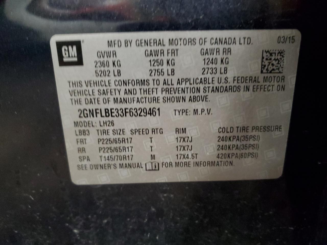 2GNFLBE33F6329461 2015 Chevrolet Equinox Lt