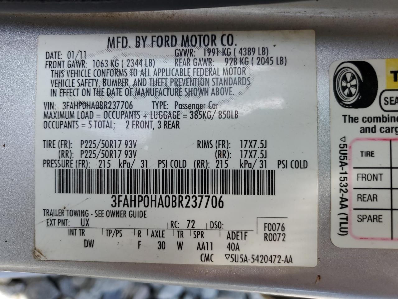 3FAHP0HA0BR237706 2011 Ford Fusion Se