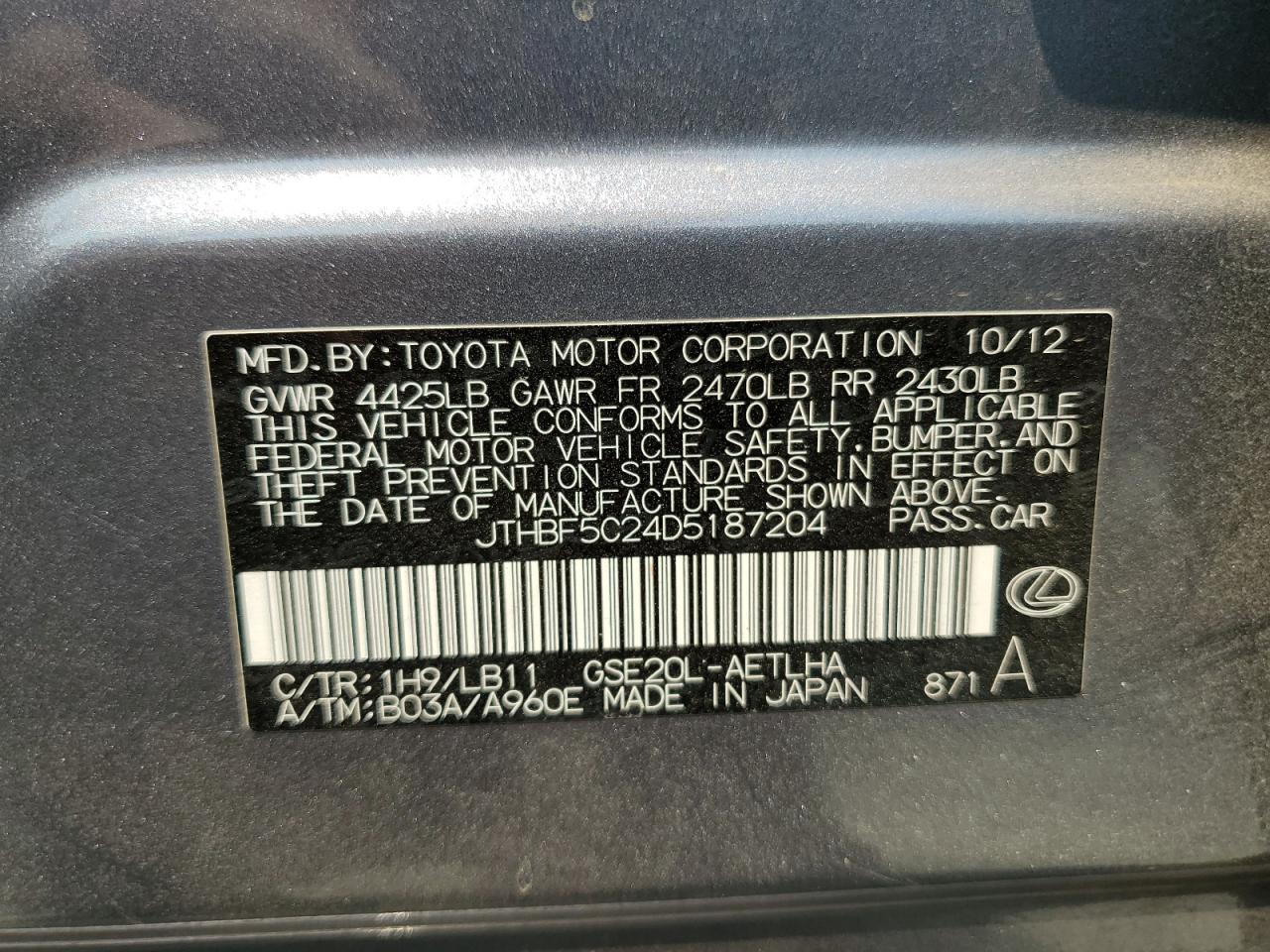 JTHBF5C24D5187204 2013 Lexus Is 250