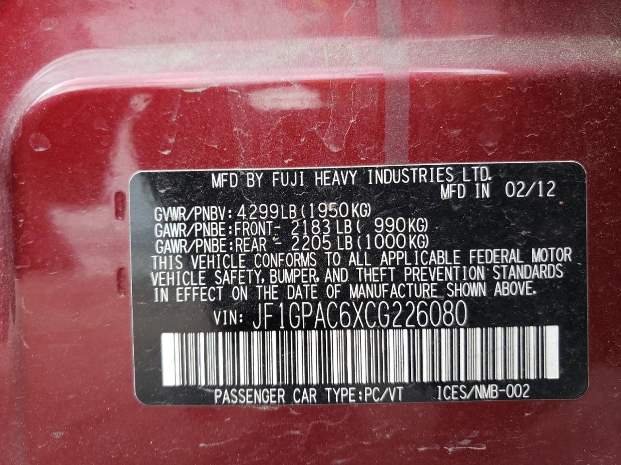 JF1GPAC6XCG226080 2012 Subaru Impreza Premium