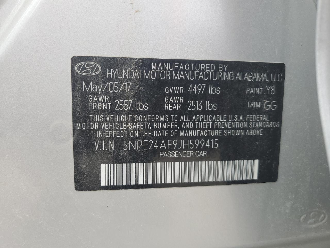 5NPE24AF9JH599415 2018 Hyundai Sonata Se