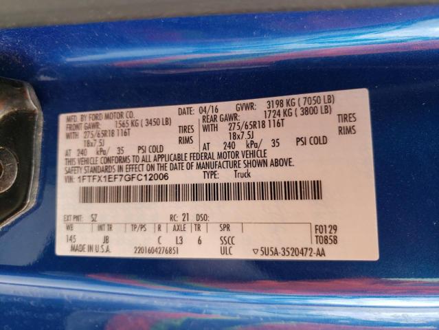 2016 Ford F150 Super Cab VIN: 1FTFX1EF7GFC12006 Lot: 60092484