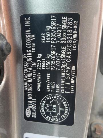 2012 Kia Sorento Base VIN: 5XYKTCA62CG218783 Lot: 60905494