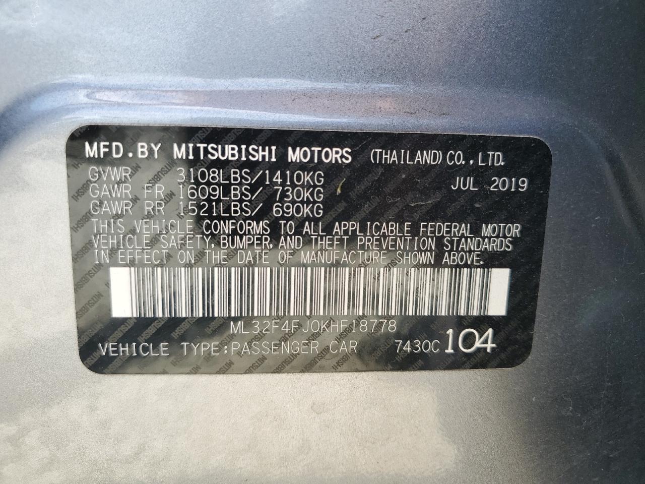 ML32F4FJ0KHF18778 2019 Mitsubishi Mirage G4 Se