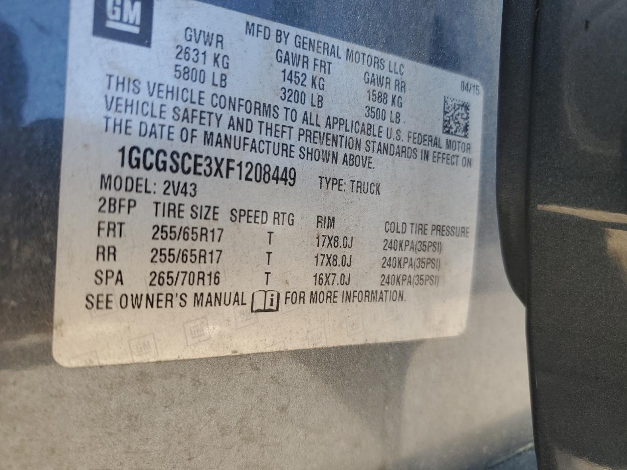 1GCGSCE3XF1208449 2015 Chevrolet Colorado Z71