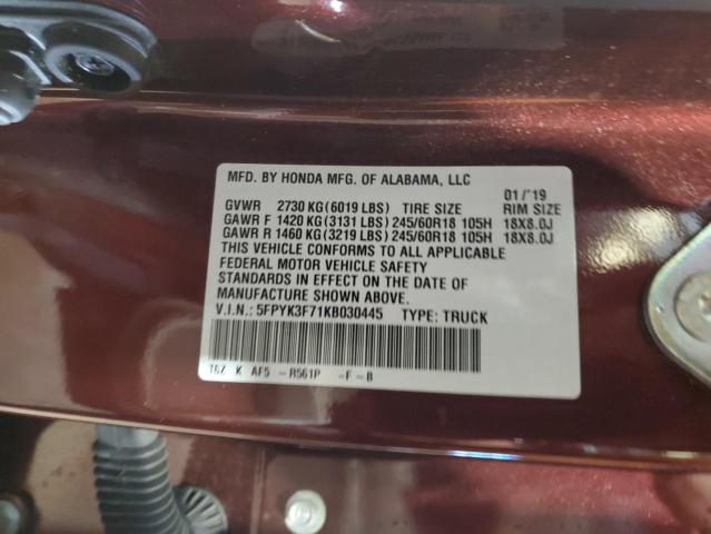 2019 HONDA RIDGELINE - 5FPYK3F71KB030445
